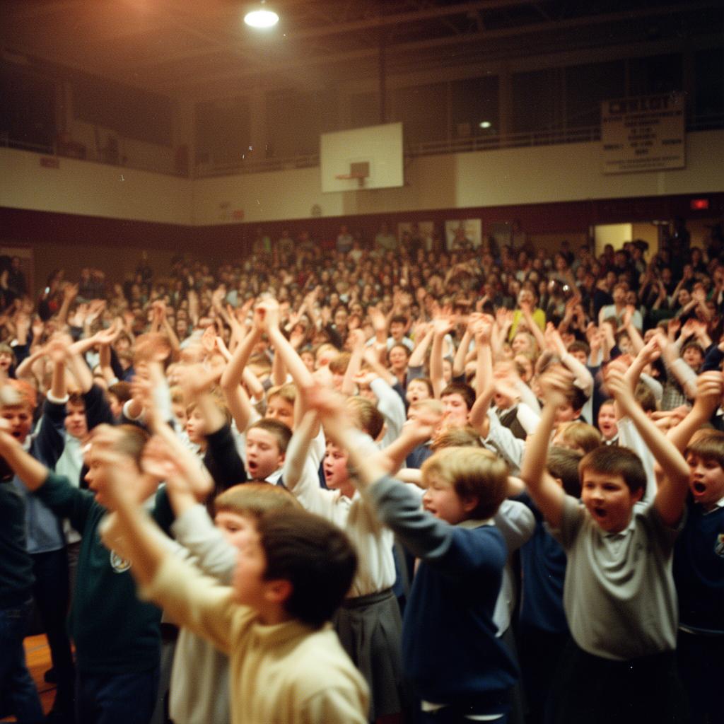 Packed school auditorium mid-cheer with hands raised