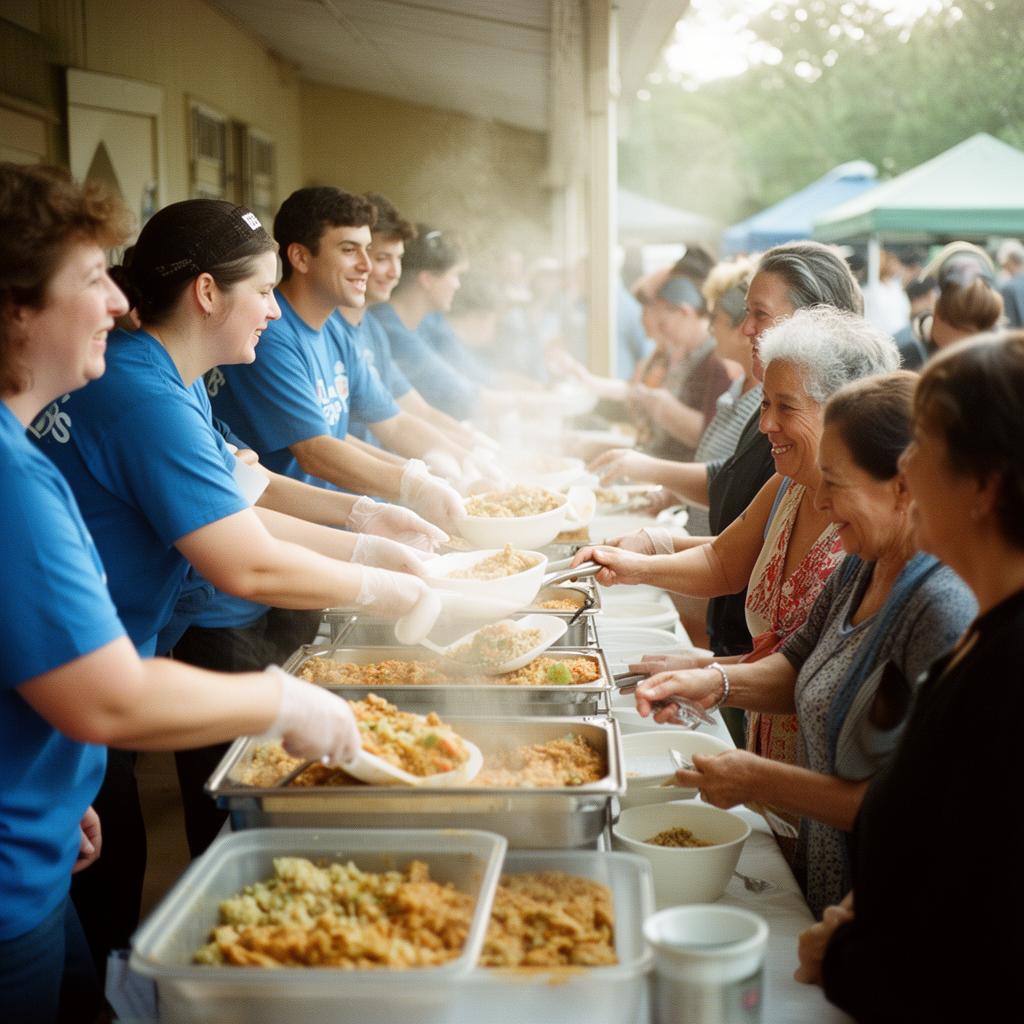 Volunteers serving meals to community members