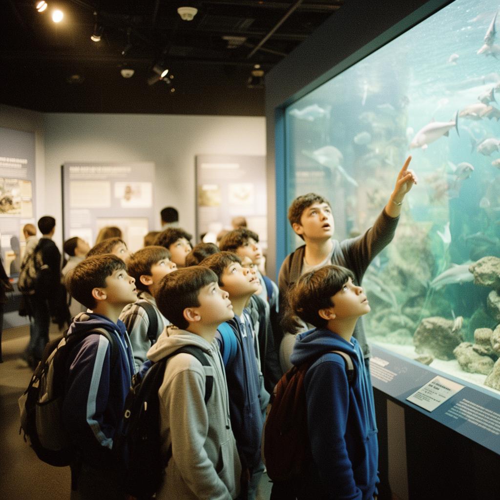 Students on a school field trip looking at an aquarium exhibit
