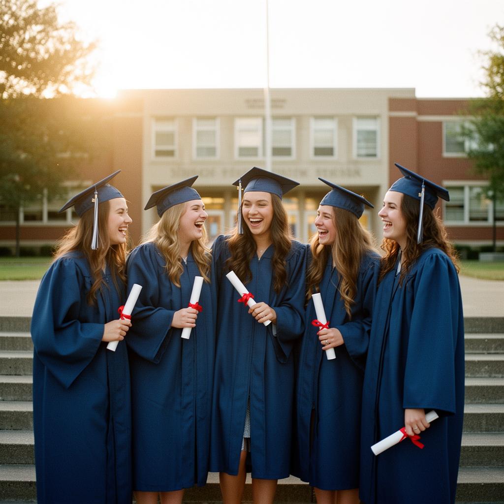 Group of high school seniors in caps and gowns laughing on the school steps at golden hour