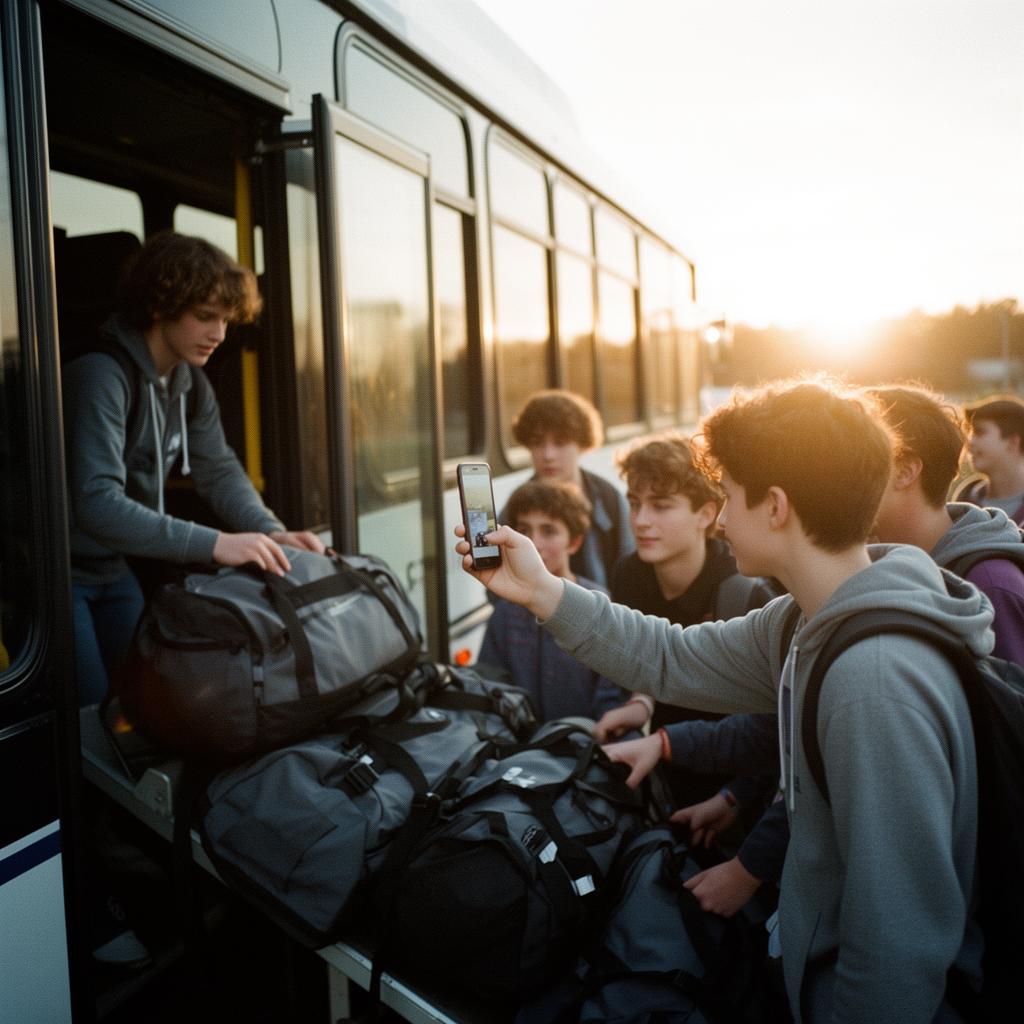 Students loading bags onto a charter bus at sunrise