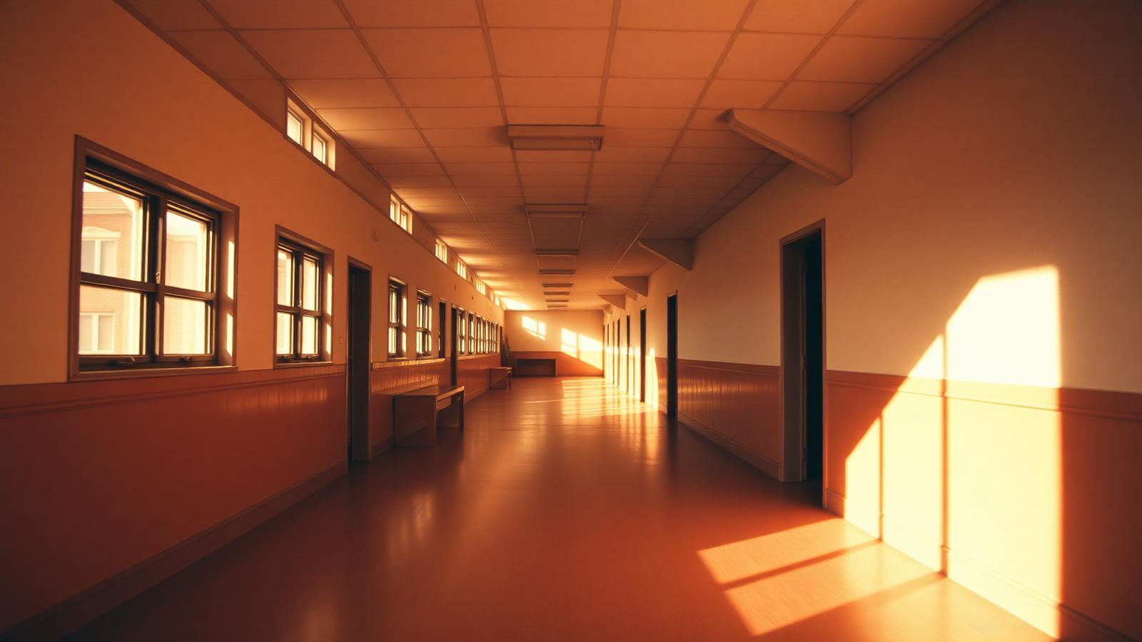 Sunlit empty school hallway