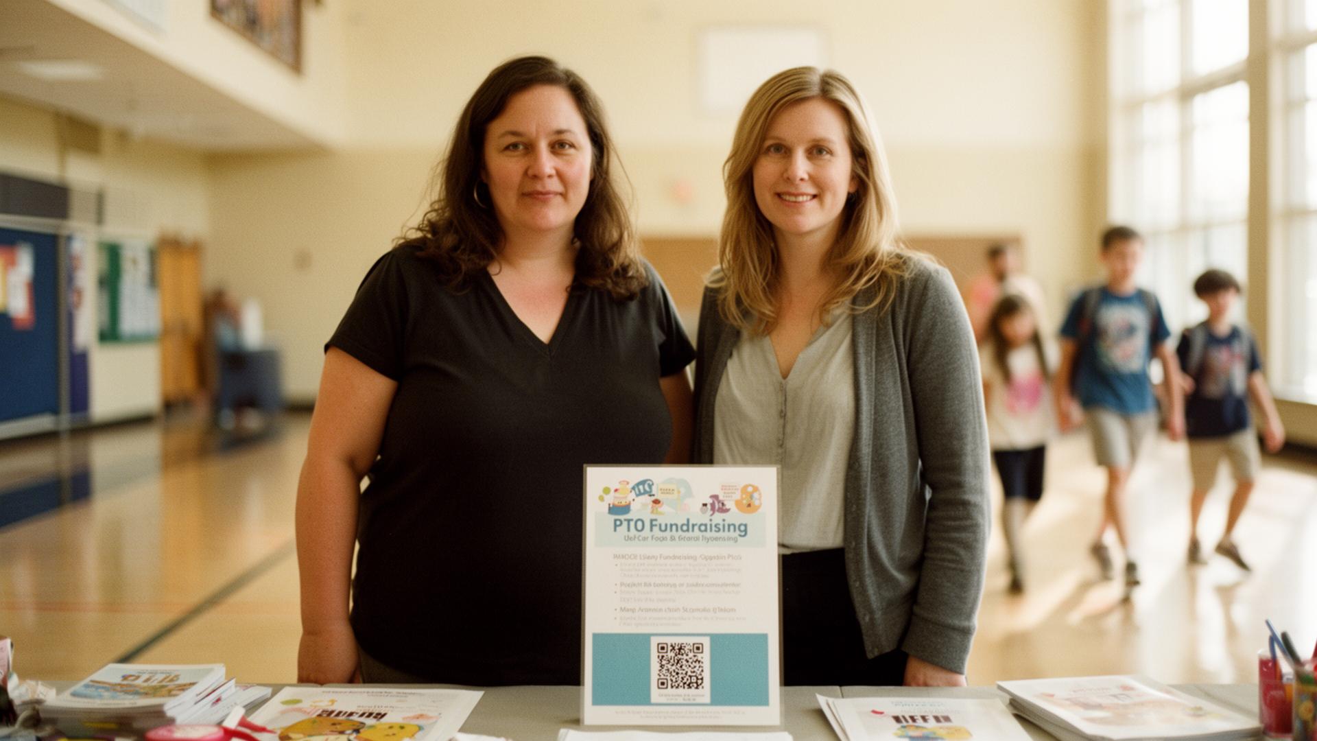 Two PTO parents standing at a school fundraising table with a printed campaign flyer and QR code