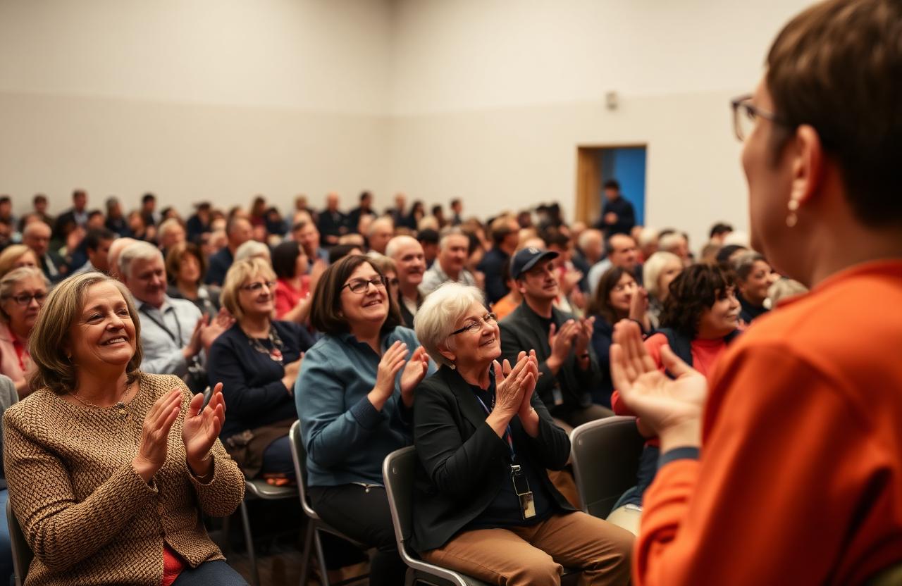 Community supporters gathered in a hall, clapping and cheering during an annual giving day program
